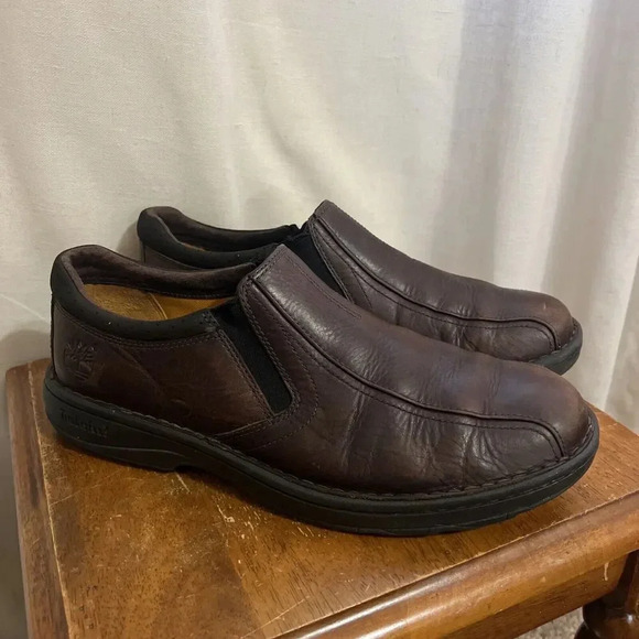 Timberland Loafers Mens Size 9.5 Brown Leather Slip On Classic Logo Sensorflex - Picture 1 of 11